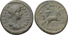LYDIA. Nysa. Faustina II (Augusta, 147-175). Ae. Obv: ΘΑVCΤΕΙΝΑ CΕΒΑCTH. Diademed and draped bust right. Rev: NVCAEΩΝ. Hades driving quadriga right, dragging away protesting Persephone. RPC IV online 