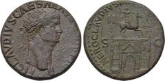 CLAUDIUS (41-54). Sestertius. Rome. Obv: TI CLAVDIVS CAESAR AVG P M TR P IMP P P. Laureate head right. Rev: NERO CLAVDIVS DRVSVS GERMAN IMP. Triumphal arch of Nero Claudius Drusus surmounted by equest