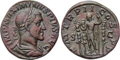 MAXIMINUS THRAX (235-238). Sestertius. Rome. Obv: IMP MAXIMINVS PIVS AVG. Laureate, draped and cuirassed bust right. Rev: P M TR P II COS P P / S - C. Emperor standing left with sceptre; two standards