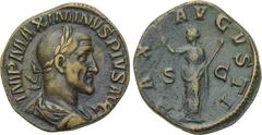 MAXIMINUS THRAX (235-238). Sestertius. Rome. Obv: IMP MAXIMINVS PIVS AVG. Laureate, draped and cuirassed bust right. Rev: PAX AVGVSTI / S - C. Pax standing left, holding branch and sceptre. RIC 58. Co