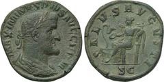 MAXIMINUS THRAX (235-238). Sestertius. Rome. Obv: MAXIMINVS PIVS AVG GERM. Laureate, draped and cuirassed bust right. Rev: SALVS AVGVSTI / SC. Salus seated left, feeding from patera a serpent rising f