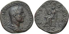 GORDIAN I. AFRICANUS (238). Sestertius. Rome. Obv: IMP CAES M ANT GORDIANVS AFR AVG. Laureate, draped and cuirassed bust right. Rev: SECVRITAS AVGG / S C. Securitas seated left on throne with sceptre.