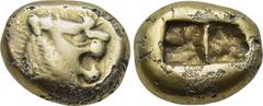 KINGS OF LYDIA. Time of Alyattes-Kroisos. Fourée Trite (Circa 610-546 BC). Obv: Head of roaring lion right, star on forehead. Rev: Double incuse square punch. Cf. SNG Kayhan 1013. Condition: Very fine