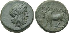 LYDIA. Tralleis. Ae (2nd-1st centuries BC). Obv: Laureate head of Zeus right. Rev: TPAΛΛIANΩN. Bull standing left, monogram in front. SNG Copenhagen 667. Condition: Very fine. Weight: 5.28 g. Diameter