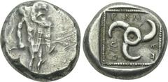 DYNASTS OF LYCIA. Kuprilli (Circa 460-420). Stater . Obv: Naked figure (Hermes?) standing right, holding kerykeion and animal over shoulder. Rev: KOΠPΛΛE. Triskeles. BMC -; Isegrim -; cf. SNG von Aulo