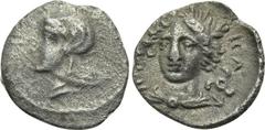 DYNASTS OF LYCIA. Perikles (Circa 380-360 BC). Hemiobol. Obv: Helmeted head left. Rev: Laureate and draped male bust facing slightly left; triskeles in right field. BMC -; SNG von Aulock -; Isegrim -;