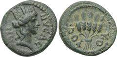 LYDIA. Nysa. Pseudo-autonomous. Time of Antoninus Pius (138-161). Ae. Obv: NYCAEΩN. Head of Tyche right, wearing mural crown. Rev: KOPOC. Bunch of grain ears. SNG Tübingen 3734. Condition: Very fine. 