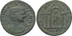 LYDIA. Saitta. Salonina (Augusta, 254-268). Ae. Obv: CAΛΩΝ ΧΡΥCΟΓΟΝΗ C . Diademed and draped bust right. Rev: EΠΙ ΙΟYΛ ΦΗΓEINOY ARΧ / CAITTANΩN. Tetrastyle temple containing statue of Aphrodite standi