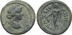 LYDIA. Thyateira. Ae (2nd century AD). Obv: Wreathed head of Dionysos right. Rev: ΘYATEIPHNΩN. Pan advancing left, holding grape bunch and lagobolon. SNG Copenhagen 583; SNG von Aulock 3209. Condition