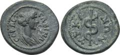 LYDIA. Hyrcanis. Sabina (Augusta, 128-137). Ae. Obv: CABINA CEBACT. Draped bust right. Rev: YPKANΩN. Serpent-entwined staff. BMC 15. Condition: Very fine. Weight: 3.07 g. Diameter: 19 mm.