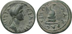 LYDIA. Nakrasa. Domitia (Augusta, 81.96). Ae. Obv: ΔOMITIA CEBACTH. Draped bust right. Rev: NAKPACEITΩN. Serpent coiled around omphalos. RPC 934. Condition: Very fine. Weight: 2.54 g. Diameter: 16 mm.