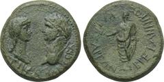 LYDIA. Tralleis. Claudius (41-54). Ae. Obv: TI KΛAY KAI CEBAC. Confronted busts of Messalina and Claudius. Rev: BRETANNIKOΣ KAIΣAREΩN. Britannicus, togate, standing left, holding grain ears. RPC 2654.