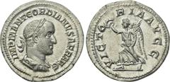 GORDIAN II (238). Denarius. Rome. Obv: IMP M ANT GORDIANVS AFR AVG. Laureate, draped and cuirassed bust right. Rev: VICTORIA AVGG. Victory advancing left with palm branch and wreath. RIC 2. Condition: