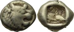 KINGS OF LYDIA. Time of Alyattes-Kroisos (Circa 610-546 BC). EL Hemihekte. Sardes. Obv: Head of roaring lion right, star on forehead. Rev: Incuse square punch. Weidauer 90; Rosen 654; SNG Kayhan 1015.