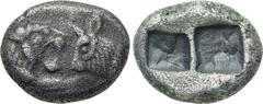 KINGS OF LYDIA. Kroisos (560-546 BC). Siglos. Sardes. Obv: Confronted foreparts of lion and bull. Rev: Double incuse square punch. SNG Kayhan 1026. Condition: Very fine. Weight: 5.10 g. Diameter: 17 m