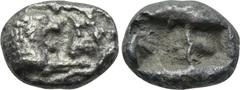 KINGS OF LYDIA. Kroisos (560-546 BC). 1/3 Siglos. Sardes. Obv: Confronted foreparts of lion left and bull right. Rev: Double incuse square punch. Rosen 666. Condition: Very fine. Weight: 1.55 g. Diame