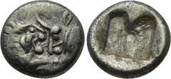 KINGS OF LYDIA. Kroisos (560-546 BC). 1/24 Stater. Sardes. Obv: Confronted foreparts of lion and bull. Rev: Incuse square punch. SNG Kayhan 1022; Klein 562. Condition: Very fine. Weight: 0.27 g. Diame