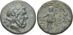 LYDIA. Blaundos. Ae (2nd-1st centuries BC). Obv: Laureate head of Zeus right. Rev: MΛAYNΔEWN. Hermes standing left, holding purse and kerykeion; two monograms to left. SNG Copenhagen 69; BMC 20-1. Ver
