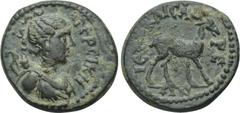 LYDIA. Hierocaesaraea. Pseudo-autonomous. Ae. Obv: ΠΕΡCΙΚΗ. Draped bust of Artemis, bow and quiver over shoulder. Rev: ΙΕΡΟΚΑΙCΑΡΕΩΠ. Stag standing right. Imhoof-Blumer, LS p. 16, no. 23. Condition: V