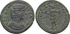 LYDIA. Sardes. Julia Domna (193-217). Ae. Obv: IOYΛIA CEBACTH. Draped bust right. Rev: EΠI POVΦOV CAPΔIANΩN B NEΩKOPΩN. Mên standing left, holding pine cone and sceptre. SNG München 523; SNG Copenhage