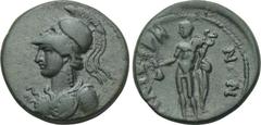LYDIA. Thyateira. Pseudo-autonomous. Ae (Circa 100-276). Obv: Helmeted bust of Athena left, wearing aegis. Rev: ΘΥΑΤΕΙΡΗΝΩΝ. Hermes standing left, holding caduceus and purse. SNG v. Aulock 3203. Condi