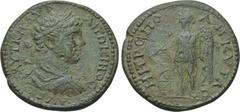 GALATIA. Ankyra. Caracalla (197-217). Ae. Obv: AVT K M AVP ANTΩNEINOC. Laureate, draped and cuirassed bust right. Rev: MHTPOΠO ANKYPAC. Nemesis standing left, holding cubit-rule and bridle; wheel at h