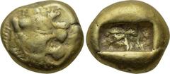 KINGS OF LYDIA. Time of Alyattes-Kroisos (Circa 610-546 BC). EL Trite. Obv: Head of roaring lion right; star on forehead. Rev: Double incuse square punch. SNG Kayhan 1013. Condition: Very fine. Weight