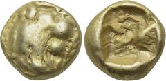 KINGS OF LYDIA. Alyattes (Circa 610-560 BC). EL Hemihekte. Sardes. Obv: Head of roaring lion right. Rev: Square incuse punch. SNG Kayhan 1015; Weidauer 79-85. Condition: Very fine. Weight: 1.18 g. Dia