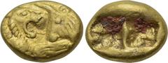 KINGS OF LYDIA. Kroisos (Circa 560-546 BC). Fourrée 1/6 Stater. Obv: Confronted foreparts of lion left and bull right. Rev: Two square punches. Cf. SNG Kayhan -; cf. Berk 8. Condition: Very fine. Weig