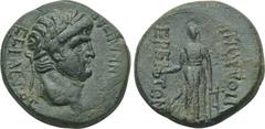 LYDIA. Apollonoshieron. Nero (54-68). Ae. Obv: NEPΩN KAICAP CΕΒΑCΤΟC. Laureate head right. Rev: AΠOΛΛΩNIEPEITΩN. Apollo standing facing, head left, holding patera and lyre. RPC 3045. Condition: Very f