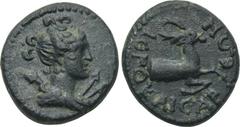 LYDIA. Hierocaesarea. Pseudo-autonomous. Ae (Circa 1st century AD). Obv: Draped bust of Artemis right, bow and quiver over shoulder. Rev: IEPOKAICAPEΩN. Forepart of stag right. SNG von Aulock 2955; SN