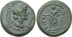 LYDIA. Tralleis. Ae (1st century BC). Menandros Parrhasios, magistrate. Obv: MENANΔPOΣ ΠAPPAΣIOY. Laureate head of Apollo right. Rev: KAIΣAPEΩN. Hermes standing left, holding purse and caduceus. RPC 2