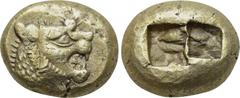KINGS OF LYDIA. Time of Alyattes-Kroisos (Circa 610-546 BC). EL Trite. Obv: Head of roaring lion right