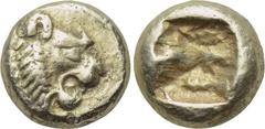KINGS OF LYDIA. Time of Alyattes-Kroisos (Circa 610-546 BC). EL Hemihekte. Sardes. Obv: Head of roaring lion right, star on forehead. Rev: Incuse square punch. Weidauer 90; Rosen 654; SNG Kayhan 1015.