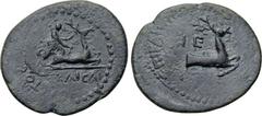 LYDIA. Hierocaesaraea. Pseudo-autonomous. Time of Nero (54-68). Ae. Obv: IЄPOCAI. Artemis kneeling on back of stag right and grasping it on its antlers. Rev: IE. Forepart of stag right. Cf. RPC I 2391