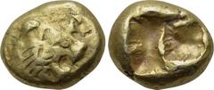 KINGS OF LYDIA. Uncertain. EL Hekte (Circa 650-610 BC). Obv: Head of roaring lion right, sun with four rays on forehead. Rev: Double incuse square punch. Weidauer 76-78. Condition: Very fine. Weight: 