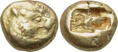 KINGS OF LYDIA. Time of Alyattes-Kroisos (Circa 610-546 BC). EL Trite. Obv: Head of roaring lion right; star on forehead. Rev: Double incuse square punch. Weidauer 89; SNG Kayhan 1013. Condition: Very