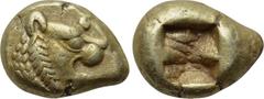 KINGS OF LYDIA. Time of Alyattes-Kroisos (Circa 610-546 BC). EL Hemihekte. Sardes. Obv: Head of roaring lion right, star on forehead. Rev: Incuse square punch. Weidauer 90; Rosen 654; SNG Kayhan 1015.