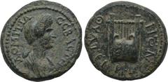 LYDIA. Thyateira. Domitia (Augusta, 81-96). Ae. Obv: ΔΟΜΙΤΙΑ CEBACTH. Draped bust right. Rev: ΘYATEIPHNΩN. Lyre. RPC II 944. Condition: Very fine. Weight: 3.39 g. Diameter: 17 mm.