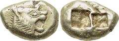 KINGS OF LYDIA. Time of Alyattes-Kroisos (Circa 610-546 BC). EL Trite. Obv: Head of roaring lion right; star on forehead. Rev: Double incuse square punch. Weidauer 89; SNG Kayhan 1013. Condition: Very