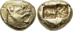 KINGS OF LYDIA. Time of Alyattes-Kroisos (Circa 610-546 BC). EL Trite. Obv: Head of roaring lion right; star on forehead. Rev: Two square incuse punches. Weidauer 89; SNG Kayhan 1013. Condition: Near 
