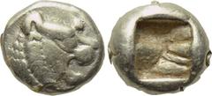 KINGS OF LYDIA. Alyattes (Circa 610-560 BC). EL 1/12 Stater. Sardes. Obv: Head of roaring lion right; star on forehead. Rev: Square incuse punch. SNG Kayhan 1015; Weidauer 79-85. Condition: Near very 