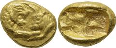 KINGS OF LYDIA. Kroisos (560-546 BC). GOLD 1/6 Stater. Sardes. Obv: Confronted foreparts of lion and bull. Rev: Double incuse square punch. SNG Kayhan -, Berk 8. Condition: Very fine. Weight: 1.37 g. 