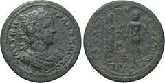 LYDIA. Attaleia. Caracalla (198-217). Ae. Obv: AVT K M AVP ANTΩNЄINOC. Laureate, draped and cuirassed bust right. Rev: [...] / ATTALЄATΩN. Zeus standing right, holding eagle; to right, Caracalla stand