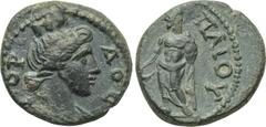 LYDIA. Gordus Julia. Pseudo-autonomous. Time of Trajan (98-117). Ae. Obv: ΓΟΡΔΟC. Draped bust of Tyche right, wearing mural crown. Rev: EΠΙ ΠΟΠΛΙΟΥ. Asklepios standing facing, head left, holding serpe