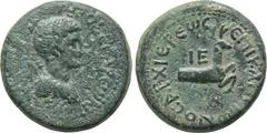 LYDIA. Hierocaesaraea. Pseudo-autonomous. Time of Nero (54-68). Ae. Obv: IEPOKAICAPEWN. Draped bust of Artemis right, bow and quiver over shoulder. Rev: EΠΙ ΚΑΠΙΤWΝOC ΑΡΞΙΕΡΕWC / IE. Forepart of stag 