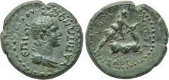 LYDIA. Hierocaesarea. Pseudo-autonomous. Ae (Circa 1st century AD). Obv: ЄΠI KAΠITΩNOC. Draped bust of Artemis Persica right. Rev: IЄPOKAICAPЄWN. Artemis kneeling on back of stag right and grasping it