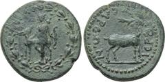 LYDIA. Hierocaesaraea. Pseudo-autonomous. Ae (1st-2nd centuries AD). Obv: Artemis standing left, holding bow and resting hand on stag standing left; all within wreath. Rev: IЄPOKAICAPЄΩN. Stag standin