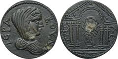 LYDIA. Tripolis. Pseudo-autonomous. Ae (Late 2nd-early 3rd centuries AD). Obv: IEPA BOYΛH. Veiled and draped bust right of Boule right. Rev: TPIΠOΛEITΩN. Leto standing within tetrastyle temple, holdin