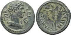 LYDIA. Tripolis. Trajan (98-117). Ae. Obv: ΤΡΙΠΟΛ. Draped bust of Hermes right; caduceus to right. Rev: AV KAI TRAIANOC. Ares advancing right, holding shield and spear. SNG von Aulock -; SNG Copenhage